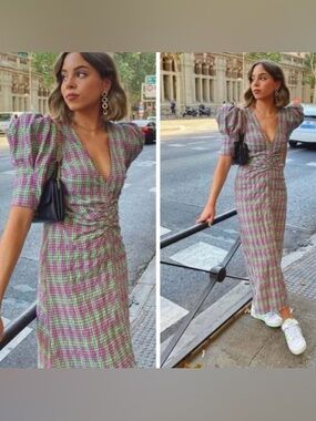 SOLD: Zara Pink and Green Check Maxi Dress with Puff Sleeves